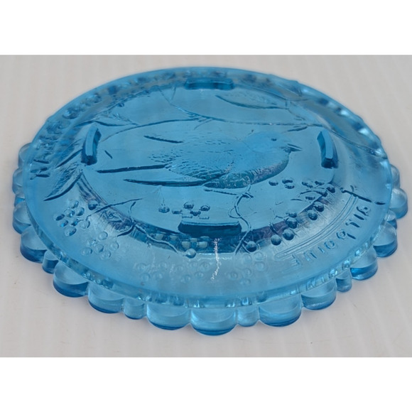 Evening Grosbeak Bird Glass Window Decor Pairpoint Cup Plate Blue Vintage 3.5" - Picture 6 of 7